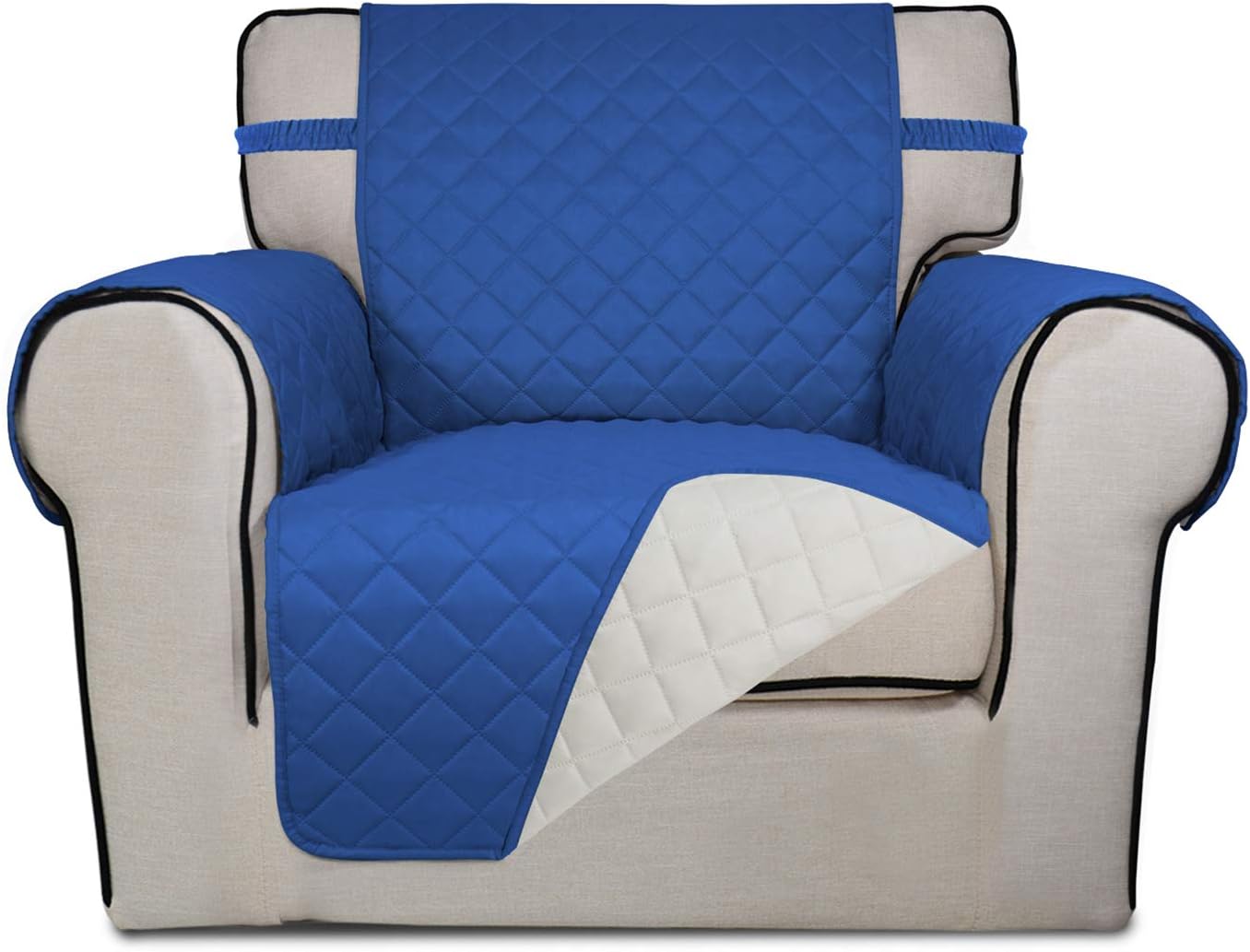 PureFit Reversible Quilted Sofa Cover, Water Resistant Slipcover Furniture Protector, Washable Couch Cover with Non Slip Foam and Elastic Straps for Kids, Pets (Chair, Classic Blue/Ivory), Small