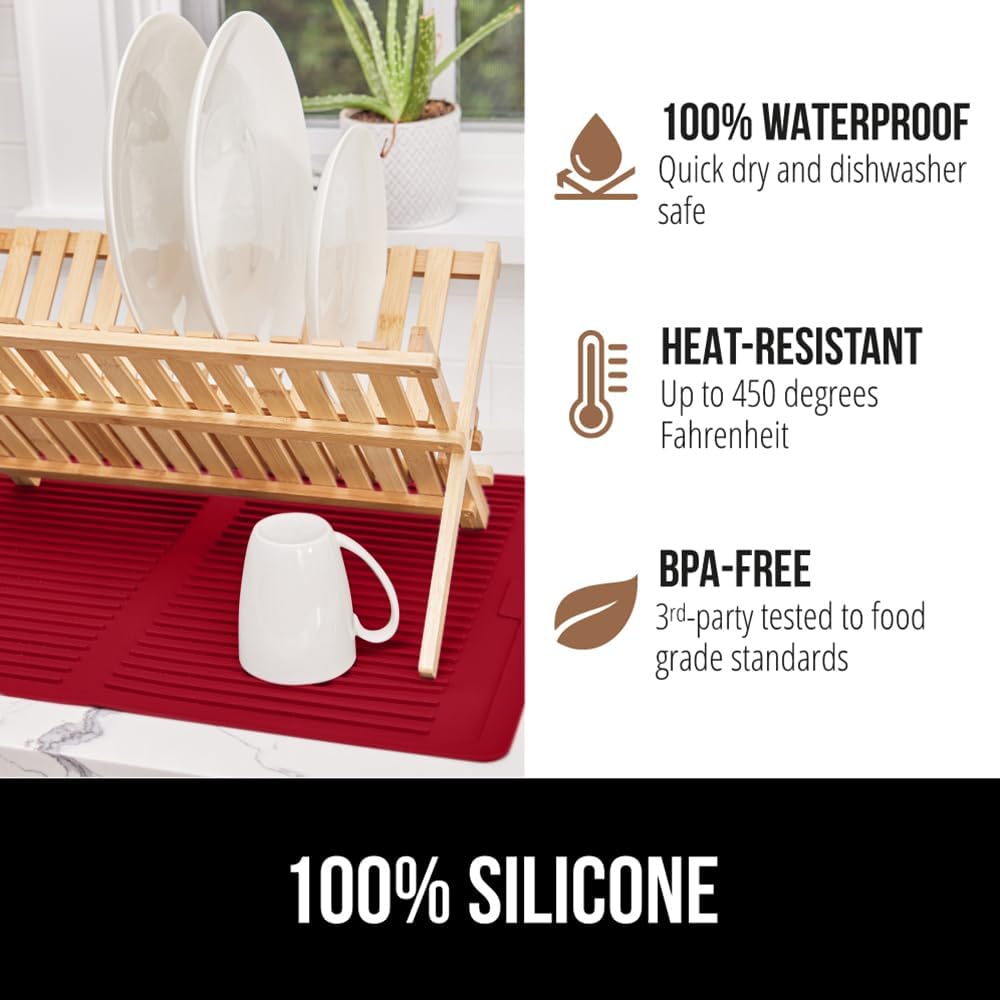 GORILLA GRIP 100% BPA-Free Patented Silicone Dish Drying Mat for Kitchen Counter, 18x24 Inch, Water Catching Ribbed Design, Easy Clean Waterproof Sink Liner, Heat Resistant, Fits Under Rack, Red