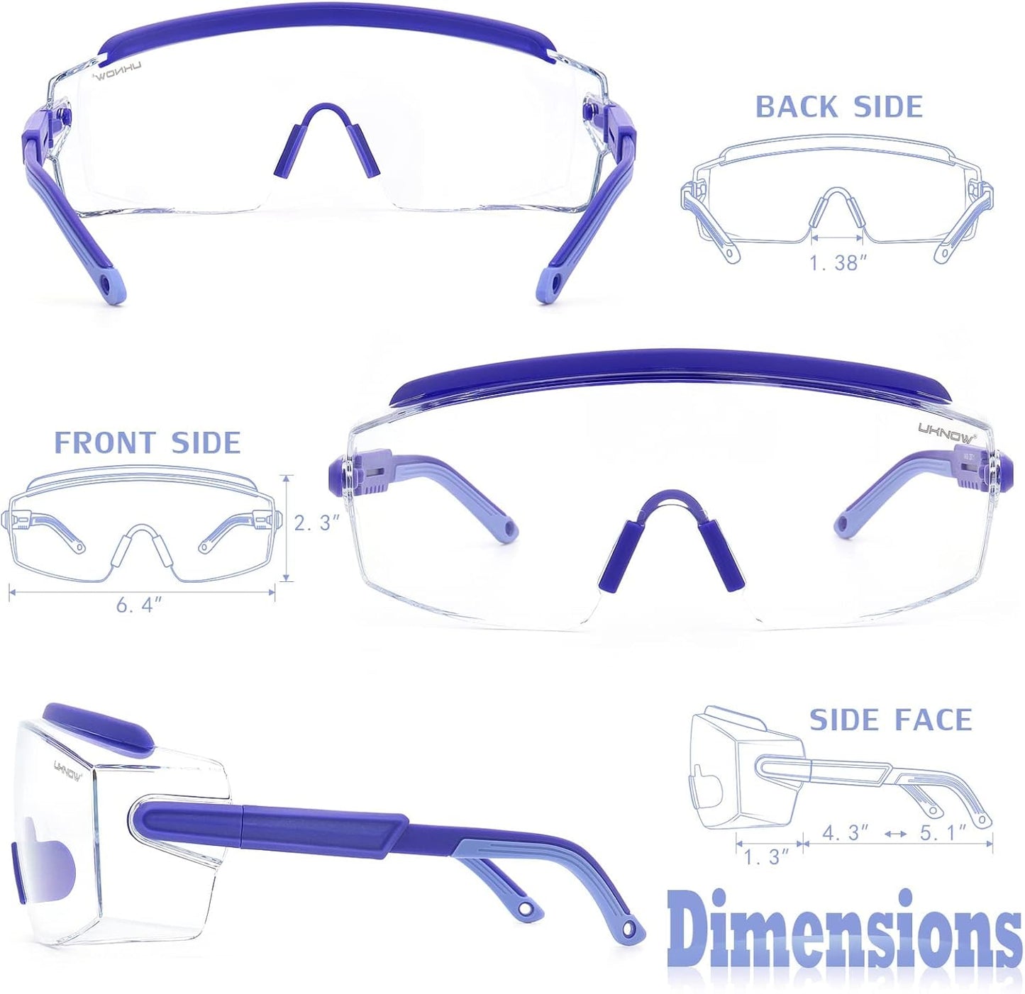 UKNOW Safety Goggles Over Glasses, Safety Glasses Anti Fog Wraparound Eye Protection, Protective Eyewear ANSI Z87.1