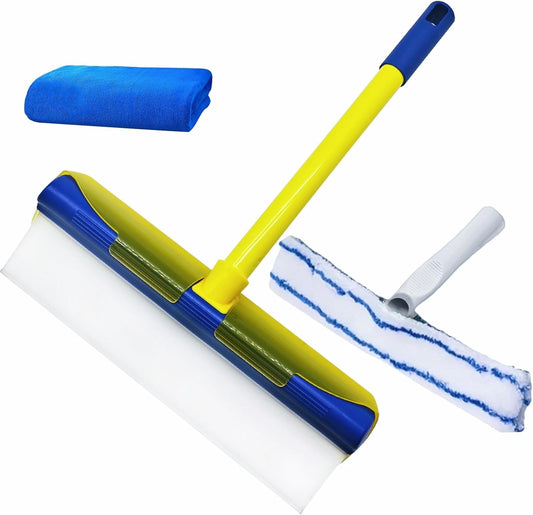 Recyclable Silicone Window Squeegee Kit, Aqua Blade Window Squeegee Kit, Glass Cleaning Tools with Silicone Squeegee and Glass Microfiber Cleaning Cloth for Glass Doors, Showers and Home, Blue