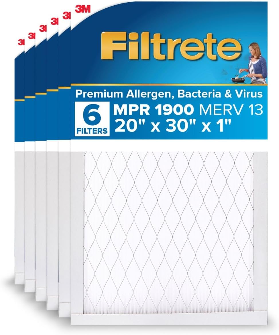 Filtrete 20x30x1 AC Furnace Air Filter, MERV 13, MPR 1900, Premium Allergen, Bacteria & Virus Filter, 3-Month Pleated 1-Inch Electrostatic Air Cleaning Filter, 6-Pack (Actual Size 19.81x29.81x0.78 in)