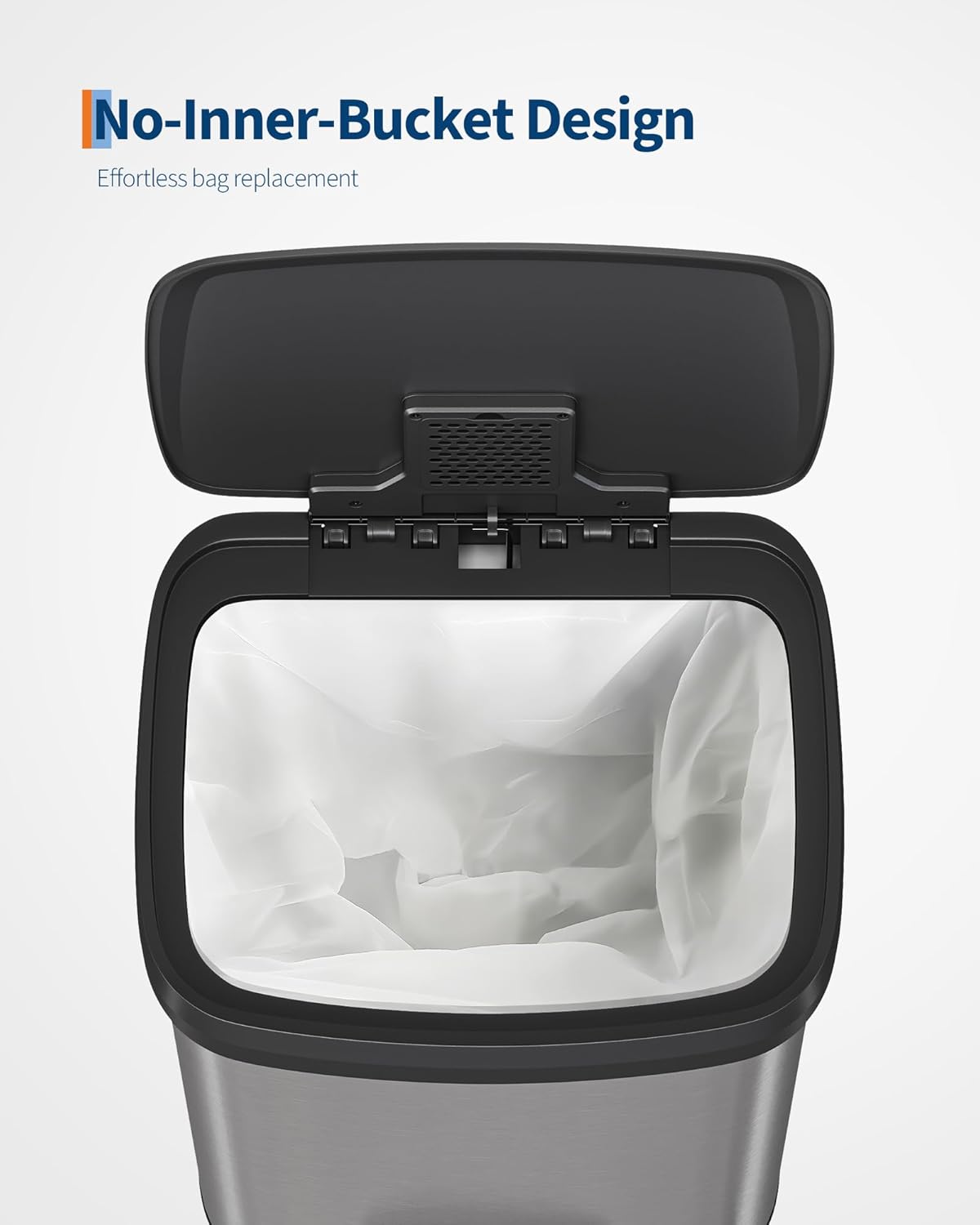 Garvee 13 Gallon / 50 L Stainless Steel Trash Can with Lid, Large Garbage Can for Kitchen, Rustproof Step-on Kitchen Metal Trash Bin with Liner Rim, Rear Handle, Soft Close Plastic Lid, Silver