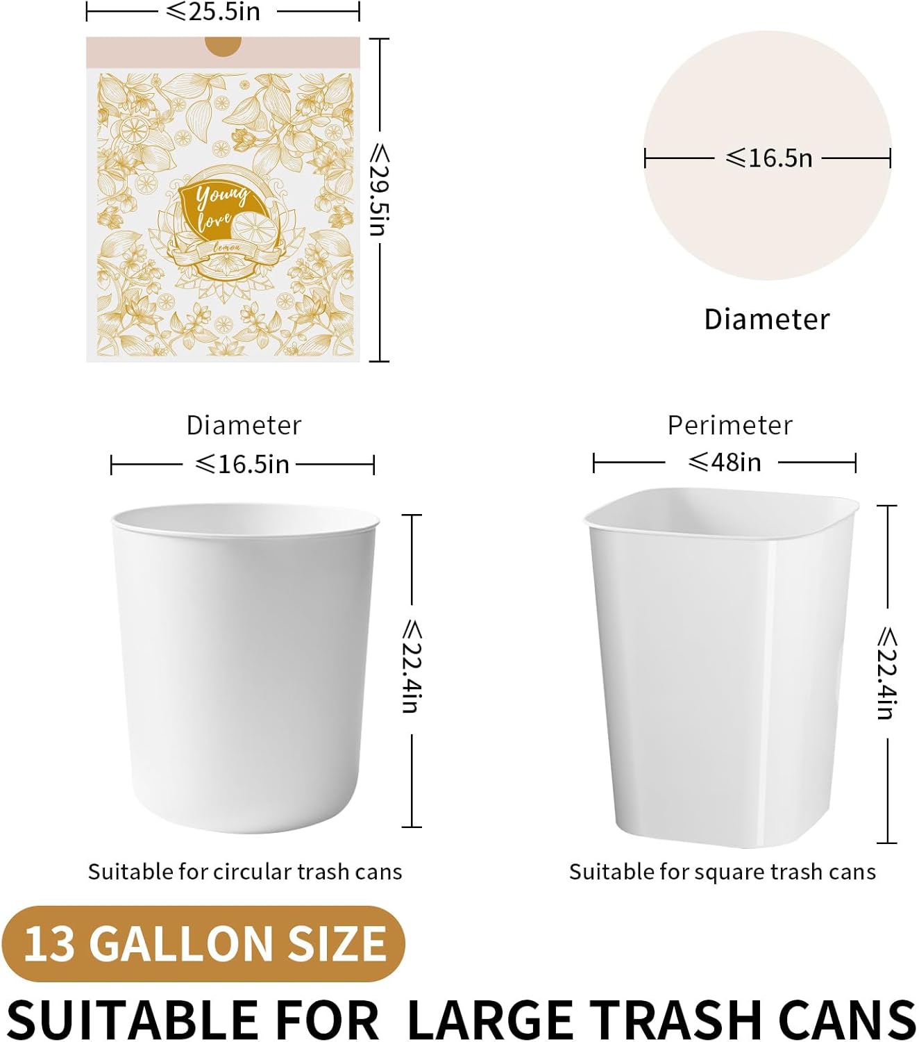 VOK 13 Gallon Trash Bags with Lemon Print & Drawstring, Tear-Resistant Tall Kitchen Garbage Bags, Heavy-Duty Kitchen Trash Bags for Home, 50 Counts