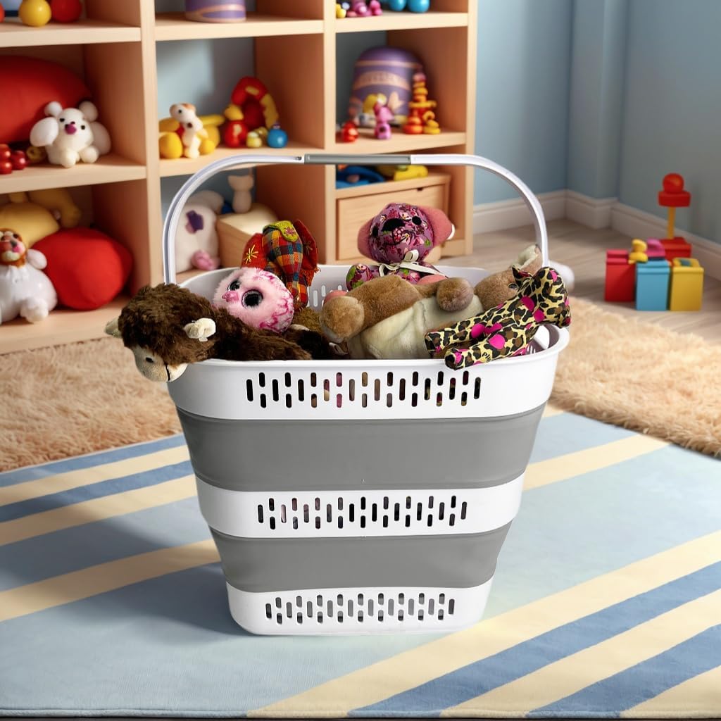 SAMMART 40L (10.5 Gallon) Collapsible Plastic Laundry Basket with Handles - Foldable Pop Up Storage Container/Organizer - Portable Laundry Hamper - Space Saving (1, White/Grey)