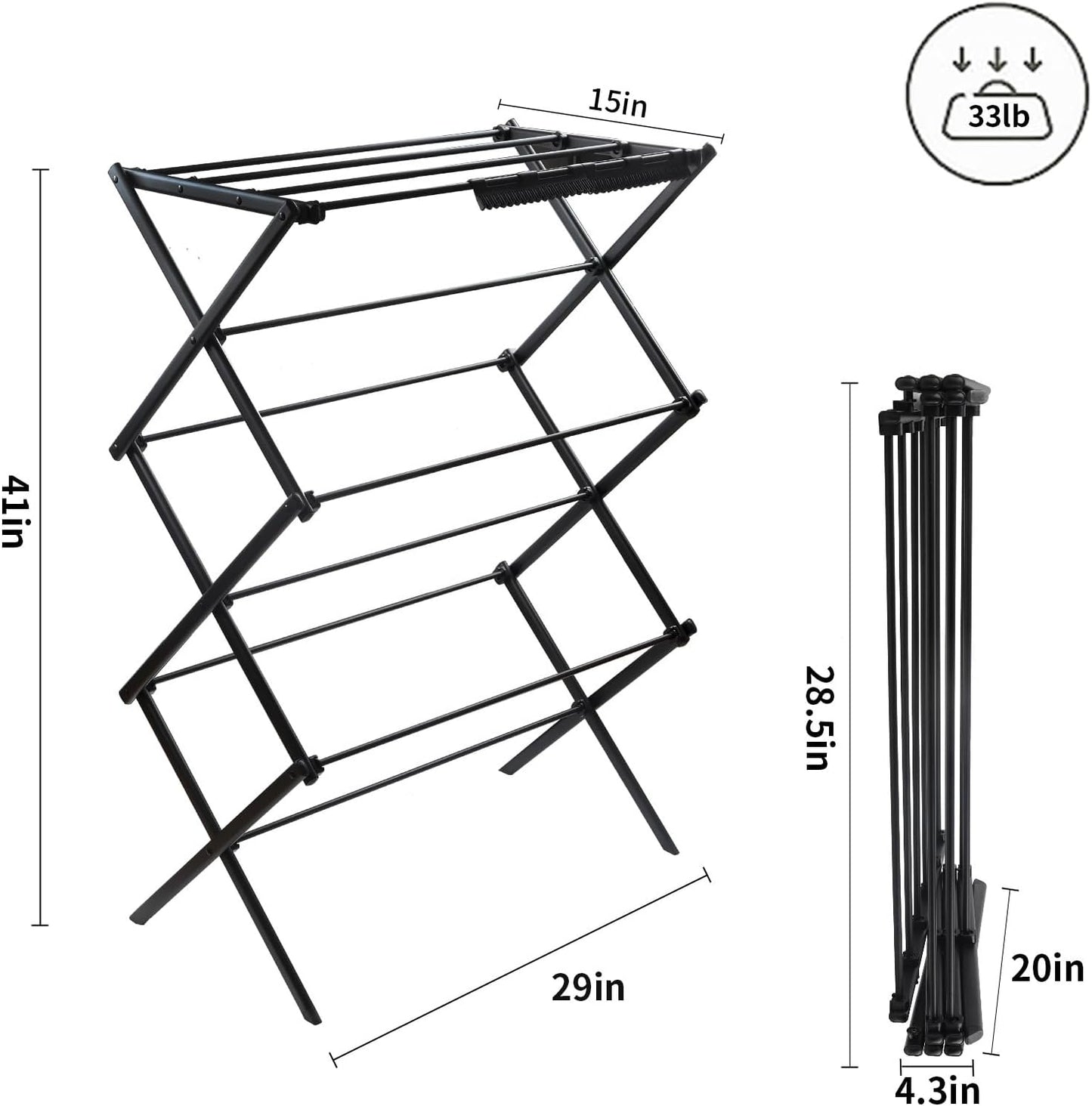 3 Tiers Foldable Clothes Drying Rack, Vertical Laundry Rack Portable and Collapsible for Storage Indoor Outdoor，Piano Black