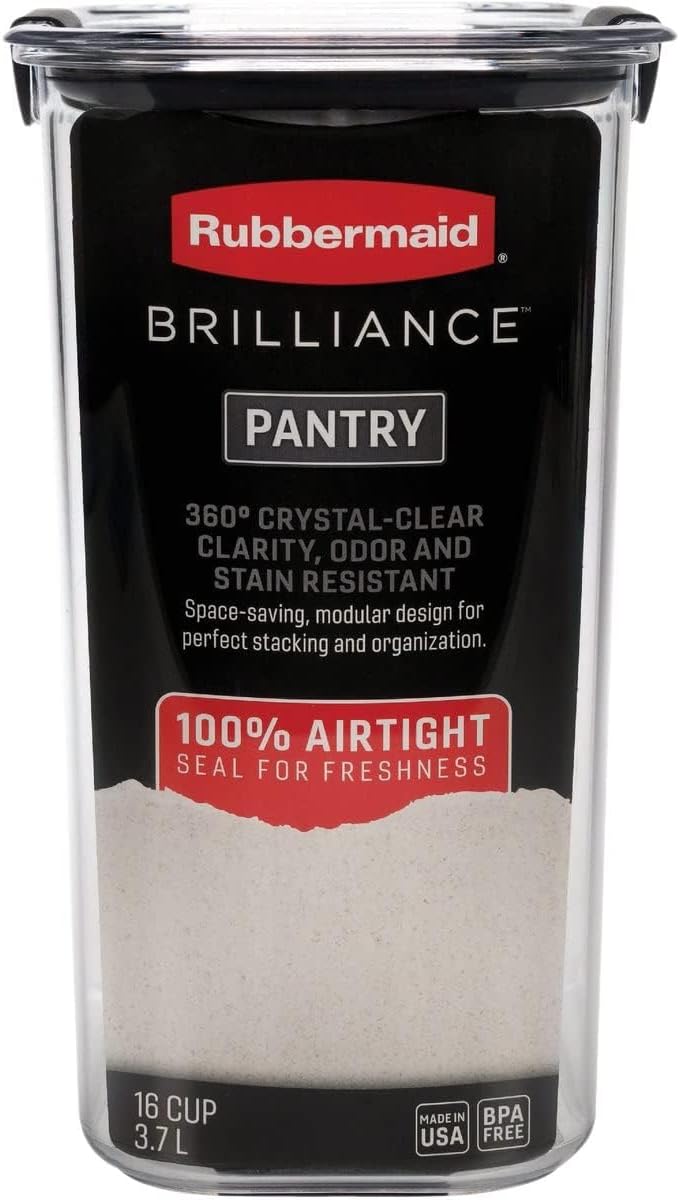 Rubbermaid Brilliance Food Storage Container, 16-Cup, Airtight | Clear/Grey | For Pantry Organization | Pack of 2