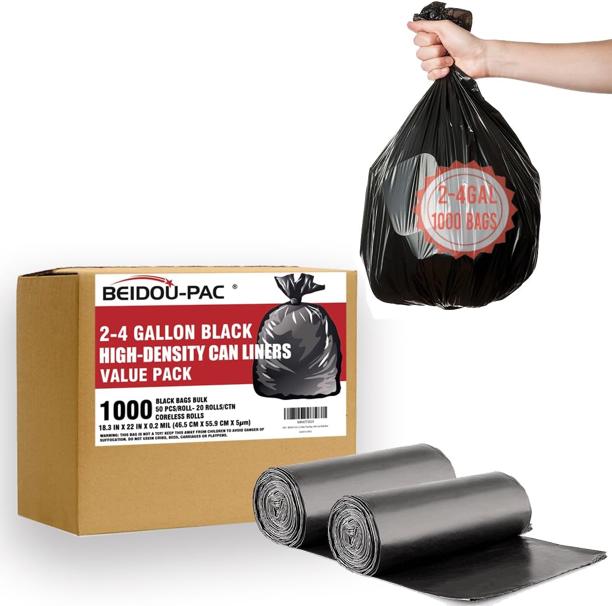 2-4 Gallon Trash Bags, 1000 Count Bulk Value Pack, Black Garbage bags, Small Trash Can Bin Liners for Bathroom, Office, Industrial, Commercial, Janitorial, Municipal, Recycling