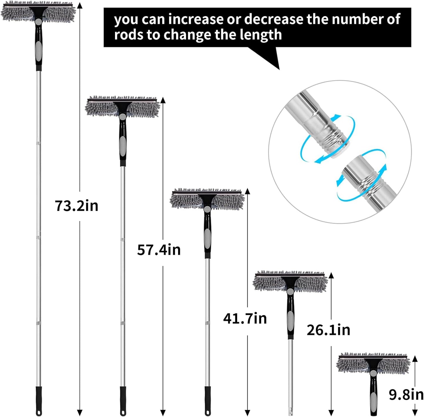 Professional 72'' Window Squeegee Cleaning Washing Tool/Kit with Extension Pole, 3 in 1 Squeegee for Window Cleaning Kit for High Window with 1 Rotatable Head 4 Interchangeable Scrubber