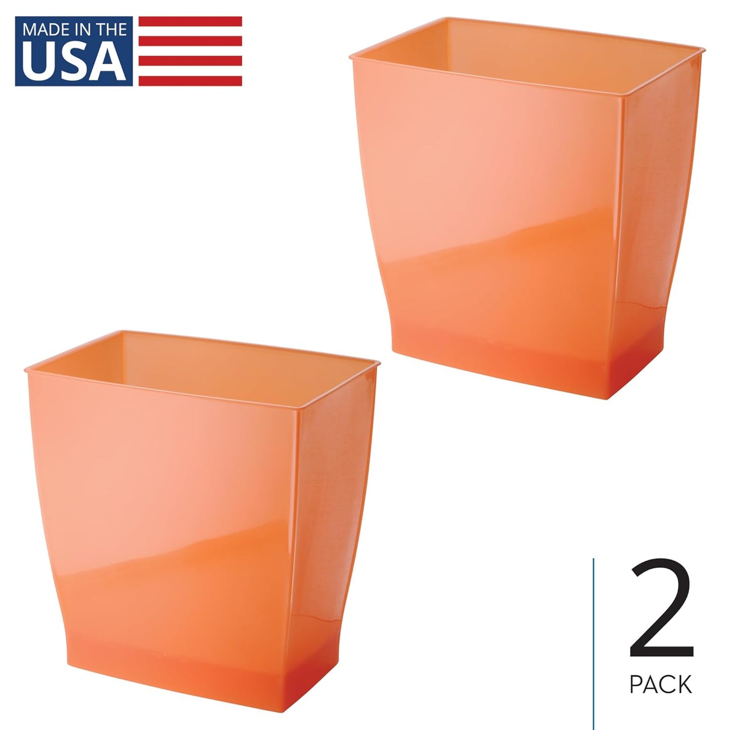 iDesign Small Rectangular Bathroom Trash Set of 2-Tango Orange, Made in USA Waste Can