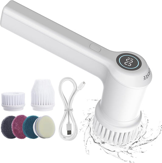 AIRSEE Cordless Electric Spin Scrubber, Handheld Power Shower Cleaner Brush, 2 speeds, 6 Replaceable Brush Heads for Cleaning Floor, Window, Bathroom, Kitchen, for Elderly & Busy Family