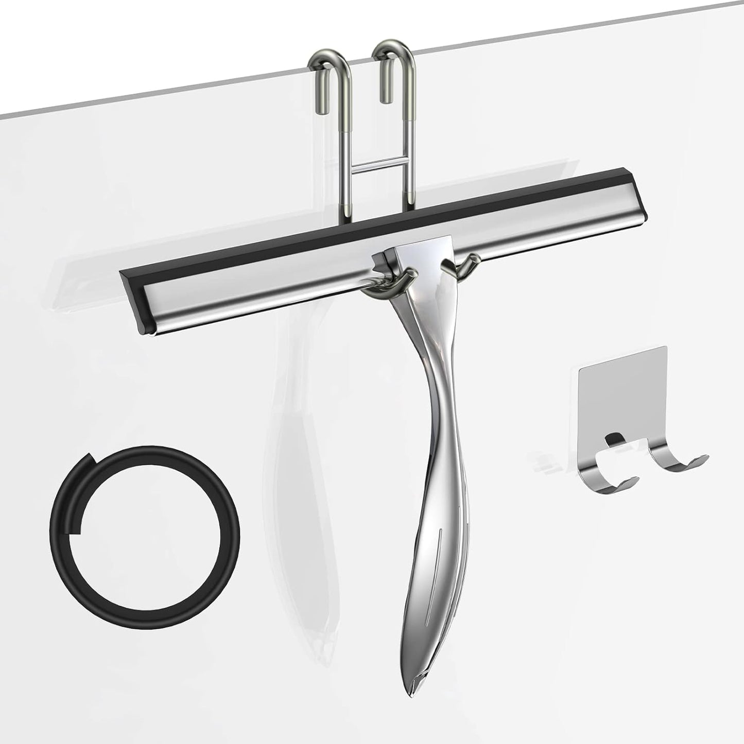 Shower Squeegee Set, 10-Inch Stainless Steel Squeegee for Bathroom, Shower Doors, Mirrors, Tiles, and Car Windows - 100% Streak Free, Includes Shower Door Hook, Adhesive Hook and Spare Silicone Blade