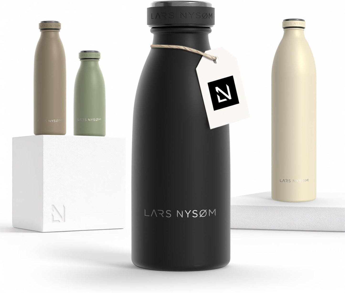 LARS NYSØM Stainless Steel Insulated Water Bottle 12oz 17oz 25oz 34oz 51oz | Insulated Thermo Flask for Hot and Cold Beverages | Leakproof Drinking Bottle (Carbon Black, 11.9oz)