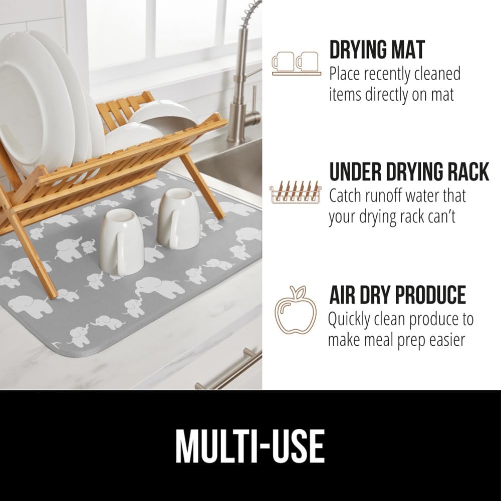 GORILLA GRIP Ultra Water Absorbent Microfiber Dish Drying Mat, 18x24, Quick Dry Thick Mesh, Slip Resistant Pad for Sink Dishes or Under Rack, Kitchen Counter Accessories, Machine Wash Mats, Elephants