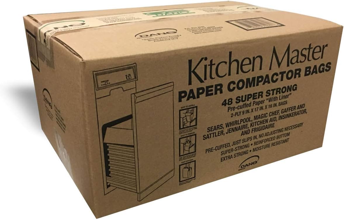 Kitchen Master Super Strong Compactor Bags (48 Pack) | Precuffed, Garbage Compactor Bags, Hardware for Kitchens, Paper Trash Bag, Kitchen Essential, Paper & Plastic Lined