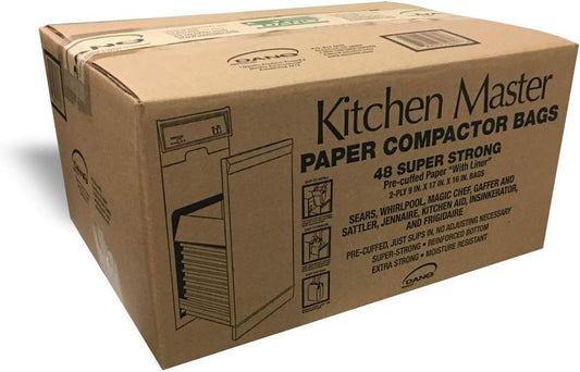 Kitchen Master Super Strong Compactor Bags (48 Pack) | Precuffed, Garbage Compactor Bags, Hardware for Kitchens, Paper Trash Bag, Kitchen Essential, Paper & Plastic Lined