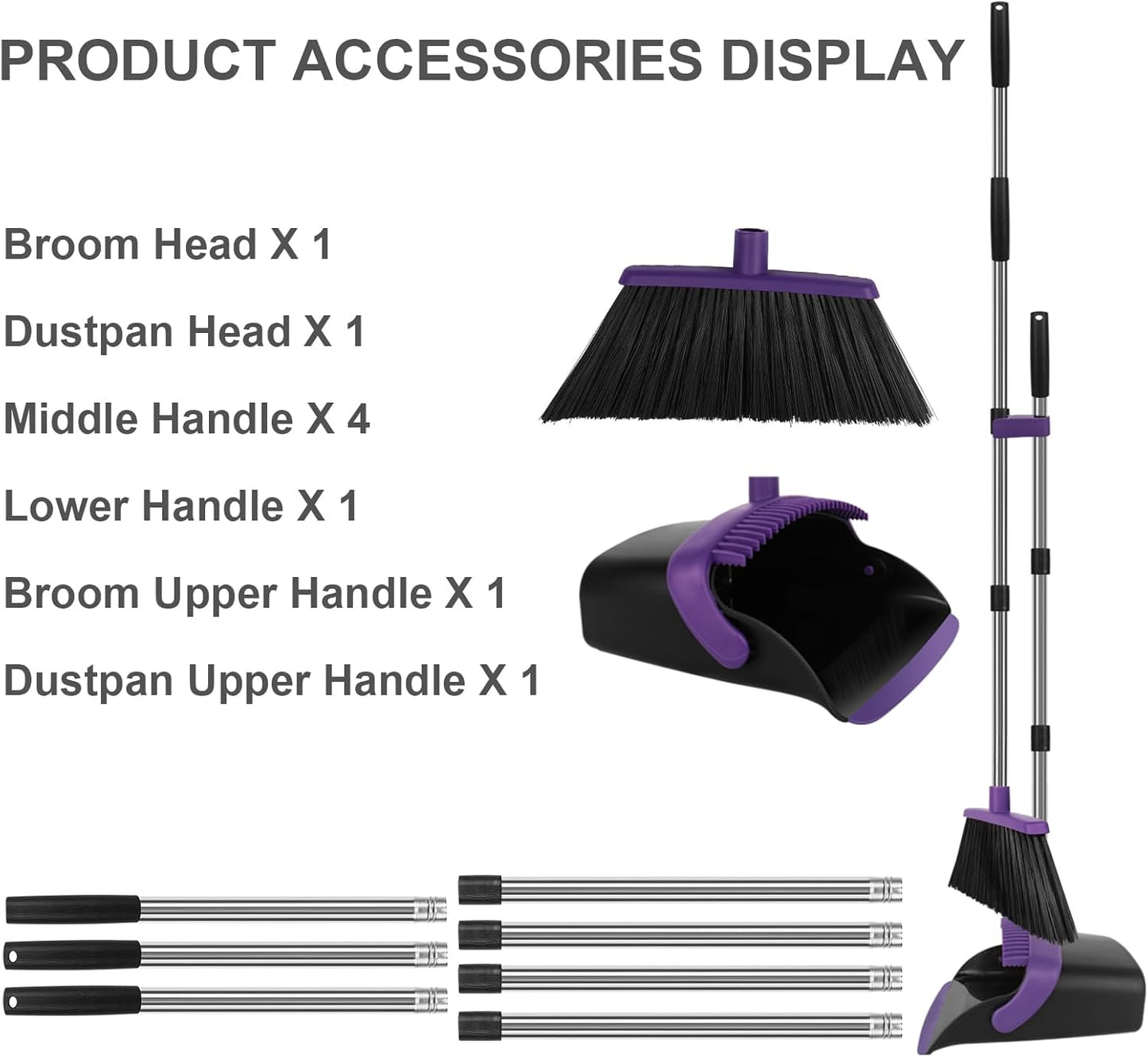 Broom and Dustpan Set, Large Household Dustpans and Broom with 55 Inch Long Handle, Pueple Broom with Dustpan Combo Set for Home