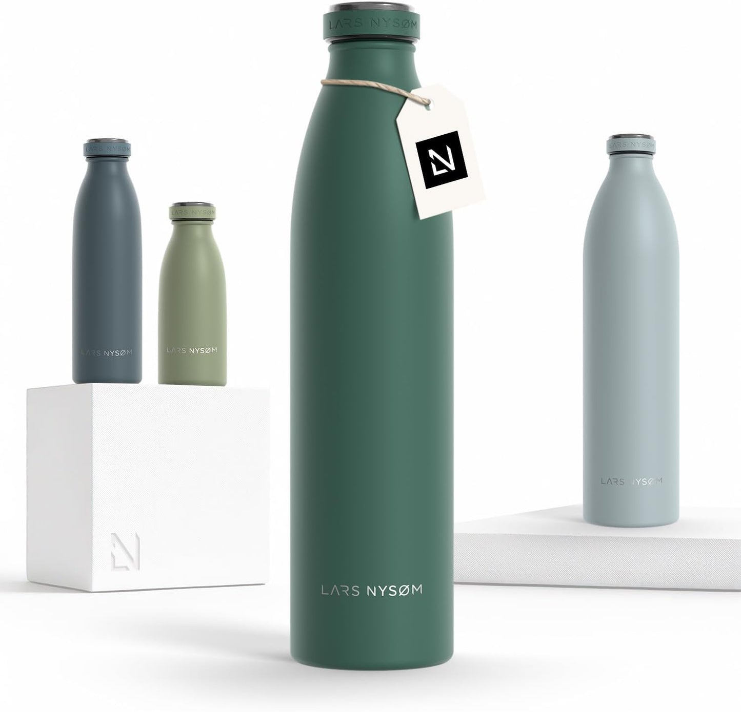 LARS NYSØM Stainless Steel Insulated Water Bottle 12oz 17oz 25oz 34oz 51oz | Insulated Thermo Flask for Hot and Cold Beverages | Leakproof Drinking Bottle (Pine Green, 33.9oz)