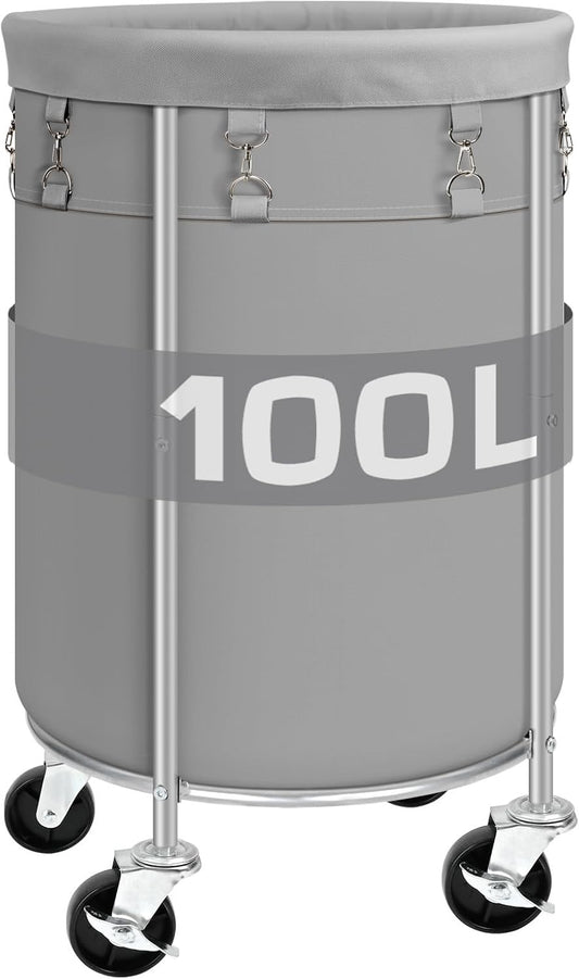 Laundry Hamper with Wheels, 100L Round Rolling Laundry Basket Sorter with Removable Bag, Clothes Cart Organizer with Steel Frame for Bedroom, Bathroom, Laundry Room, Grey