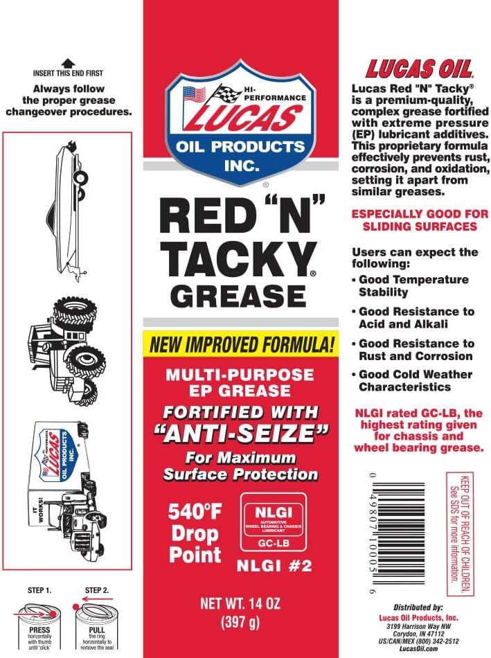 Lucas Oil 10005 Red N Tacky Grease - 14 Ounce Cartridge (Pack of 10)