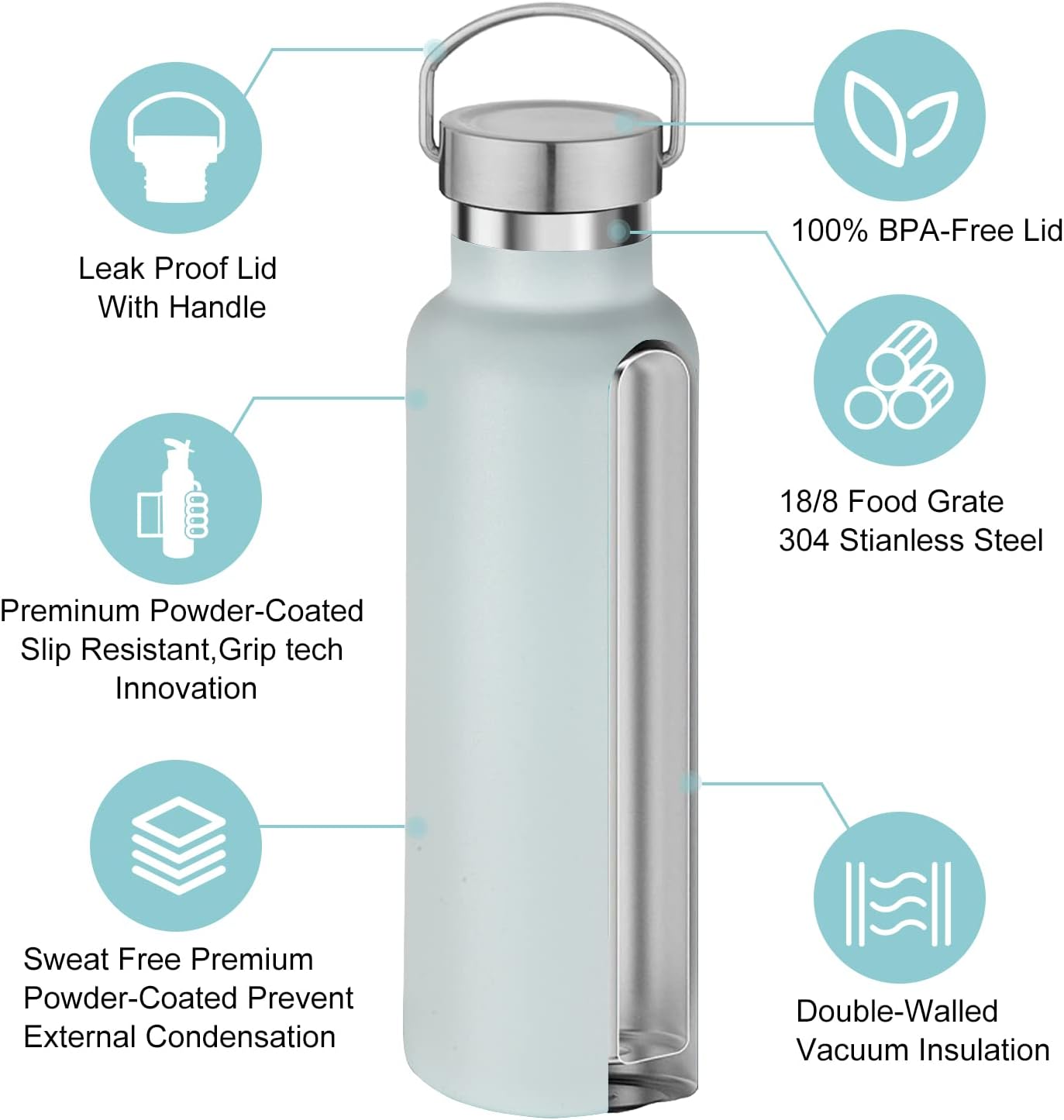 Neihepal Fog Stainless Steel Water Bottles,20 Ounce Vacuum Insulated Double Wall Travel Bottle with Leak Proof Lid of Handle,Metal Reusable Standard Mouth Flask Thermoses for School,Hikers,Gift