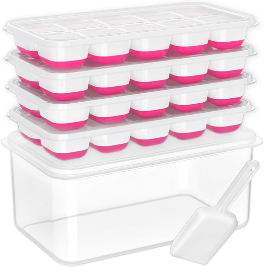 DOQAUS Ice Cube Tray with Lid and Bin, 4 Pack Silicone Plastic Ice Cubes Trays for Freezer with Box/Container, Stackable with Storage Iced Bucket Kits, Scoop, for RV, Soup, Food, Cocktail, Coffee