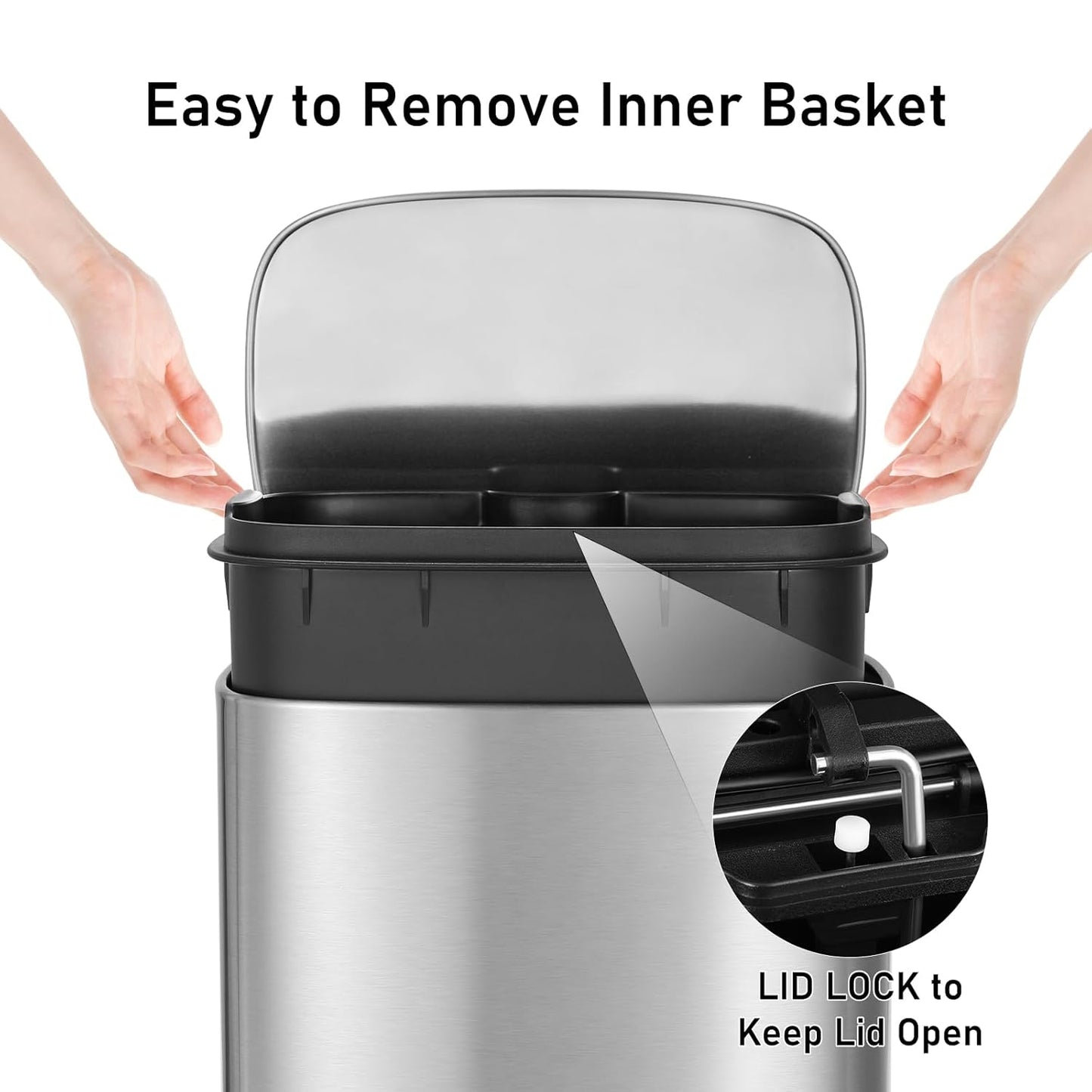 Arlopu 13.2+1.3 Gallon Step Trash Can, Stainless Steel Garbage Bin, Soft-Close Rubbish Bin with Removable Plastic Inner Bucket, Fingerprint-Proof, Lid Dustbin, for Kitchen Home (Silver)