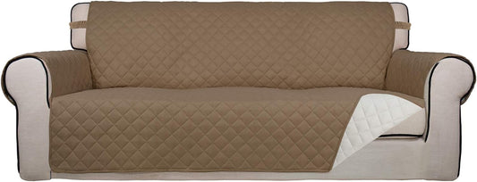 PureFit Reversible Quilted Sofa Cover, Water Resistant Slipcover Furniture Protector, Washable Couch Cover with Non Slip Foam and Elastic Straps for Kids, Dogs, Pets (X Large , Camel/Ivory)