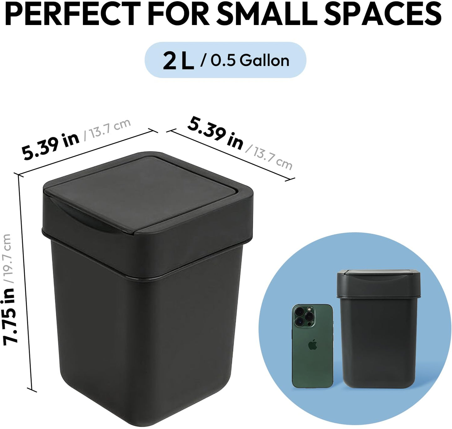 carrotez Mini Trash Can, Coffee Bar, Vanity, Desk, Countertop, 2 Liter/ 0.5 Gallon, Mini Wastebasket, Garbage Container Bin - Black