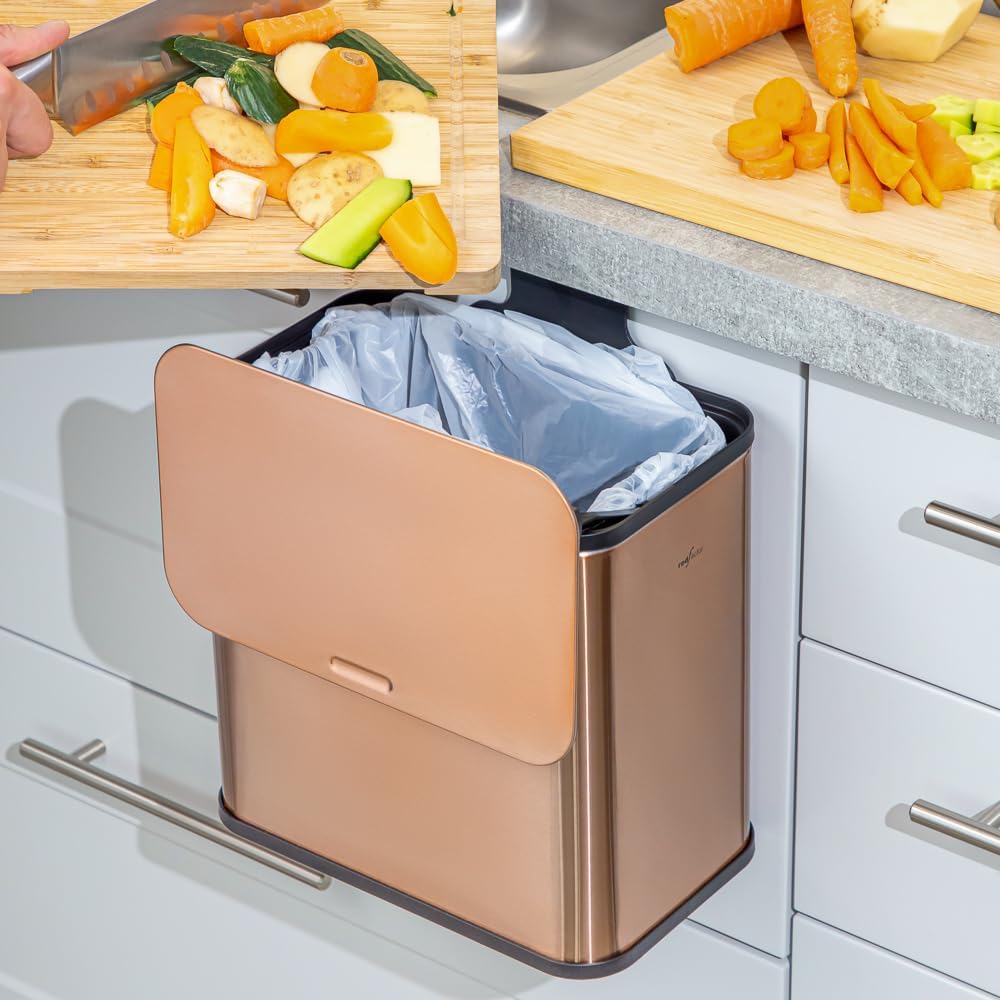 RedFactor Stainless Steel Hanging Trash Can with Lid and Inner Bucket – Slim 1.3 Gallon Odor-Free Compost Bin for Kitchen Cabinet, Countertop, Under Sink, or Bathroom (Copper)