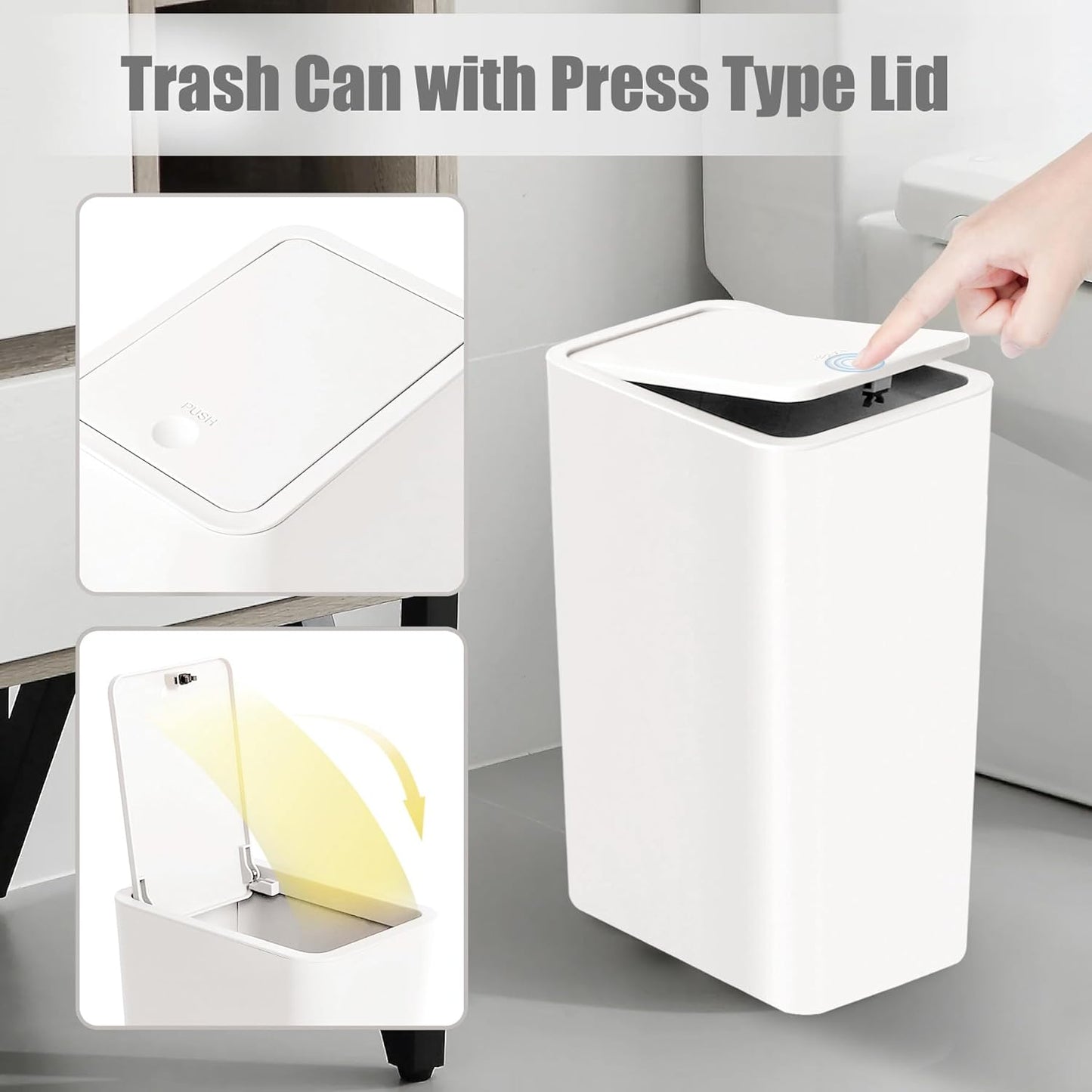 TIPGO Bathroom Trash Can with Lid, 10 Liter/ 2.6 Gallon Slim Garbage Can, Small Trash Bin Waste Basket with Pop-Up Lid for Kitchen, Bedroom, Living Room, Office (2 Pack, White)