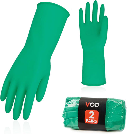 Vgo... 2-Pairs Reusable Household Gloves, Rubber Dishwashing gloves, Extra Thickness, Long Sleeves, Kitchen Cleaning, Working, Painting, Gardening, Pet Care (Size L, Green, HH4601)