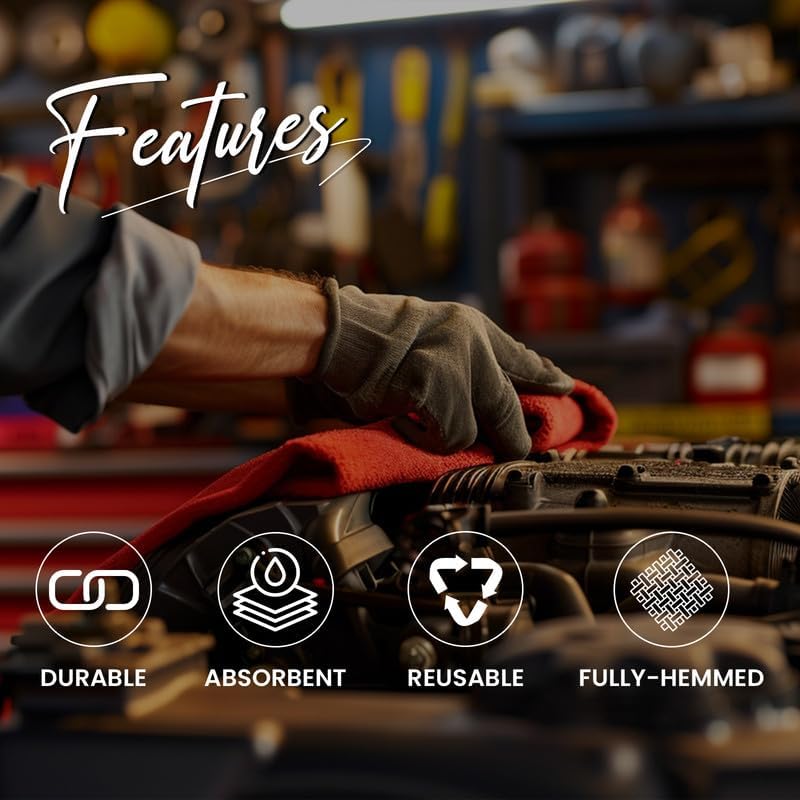 Shop Towels (Red, 500-Pack) - Bulk Cleaning Towel in a Bag, Mechanic Cotton Wipes for Car Maintenance, Auto Mechanics & Garage, Wipe Grease & Oil, Machine Wash & Reusable