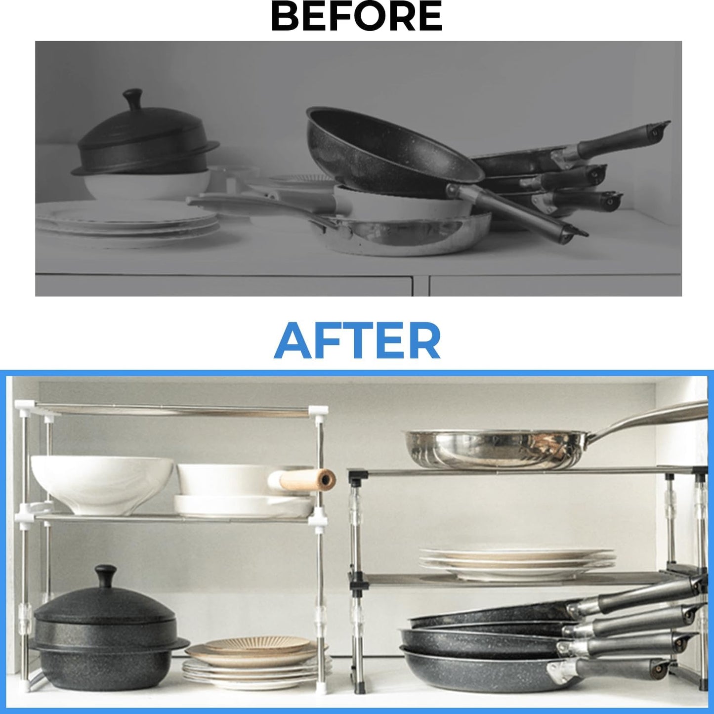 carrotez 2 Pack Expandable Cabinet Organizer, Set of 1 Width & Height-Adjustable Kitchen Cabinet Organizer Shelf, Stackable Kitchen Counter Shelf, 11.8~19.6 x 7.8 x 5.9~9" White