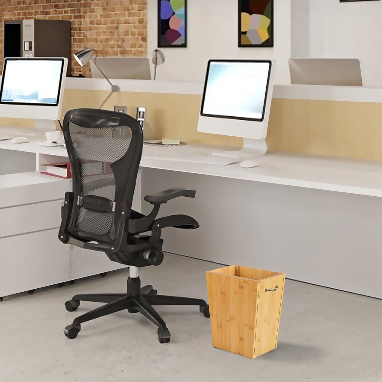 SEHERTIWY Wood Trash Can, Farmhouse Wastebasket Bin for Bathroom, Office, Bedroom, Living Room, Small Square Rustic Garbage Container with Metal Handle (Wood-Black-Handle)