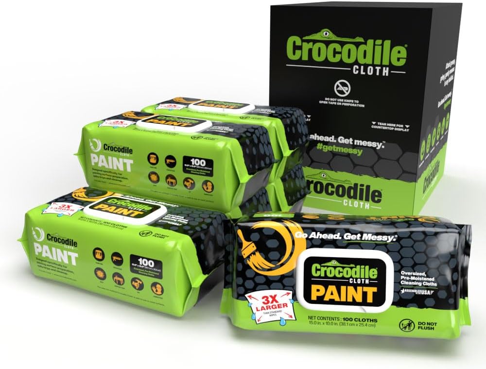 Crocodile Cloth Paint Cleaning Wipes, 600 Count (6 Packs of 100) – Extra-Large 15” x 10” Heavy-Duty Wipes for Paint Prep & Cleanup, Adhesive & Caulk Removal – Painters, Contractors & DIY
