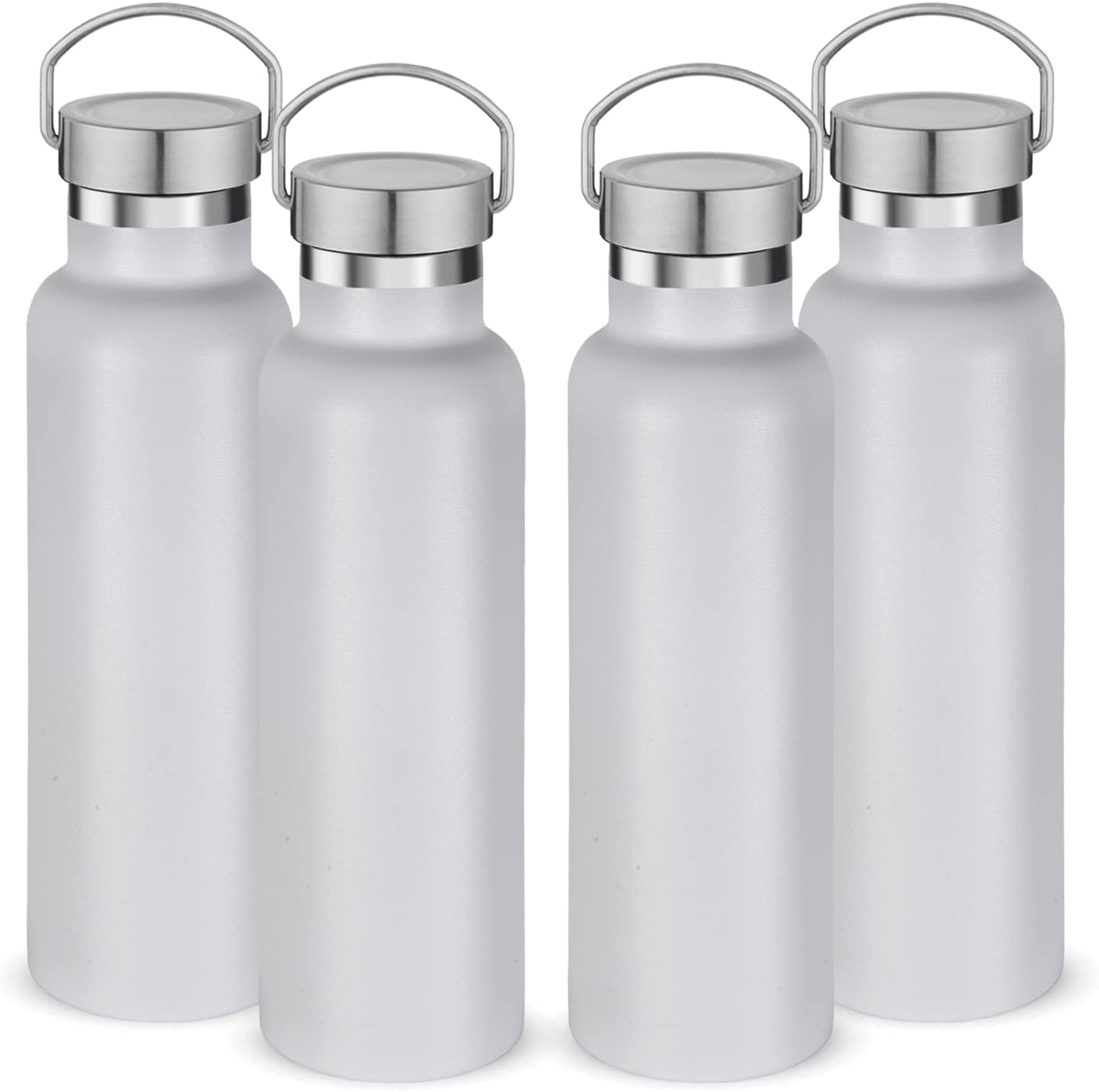 Neihepal 20 oz Insulated Water Bottles Bulk 4 Pack,Stainless Steel Double Wall Sport Bottle with Lid of Handle,Metal Reusable Thermoses Flask with Cup Cap for School,Hikers,Gift (White,Set of 4)