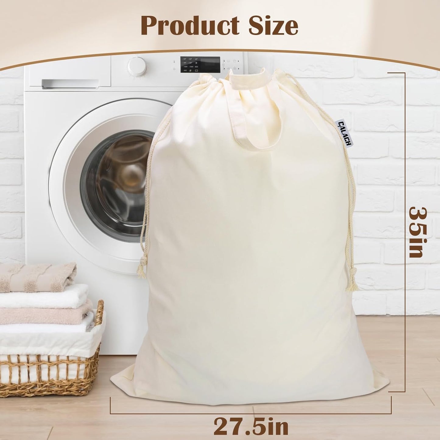 Canvas Laundry Bag with Handles & Drawstring Closure 27.5”x35", Thick Cotton Laundry Bag Heavy Duty Washable Dirty Clothes Travel Sack for Camp, College Dorm, Laundromat (Beige L, 2 Pack)