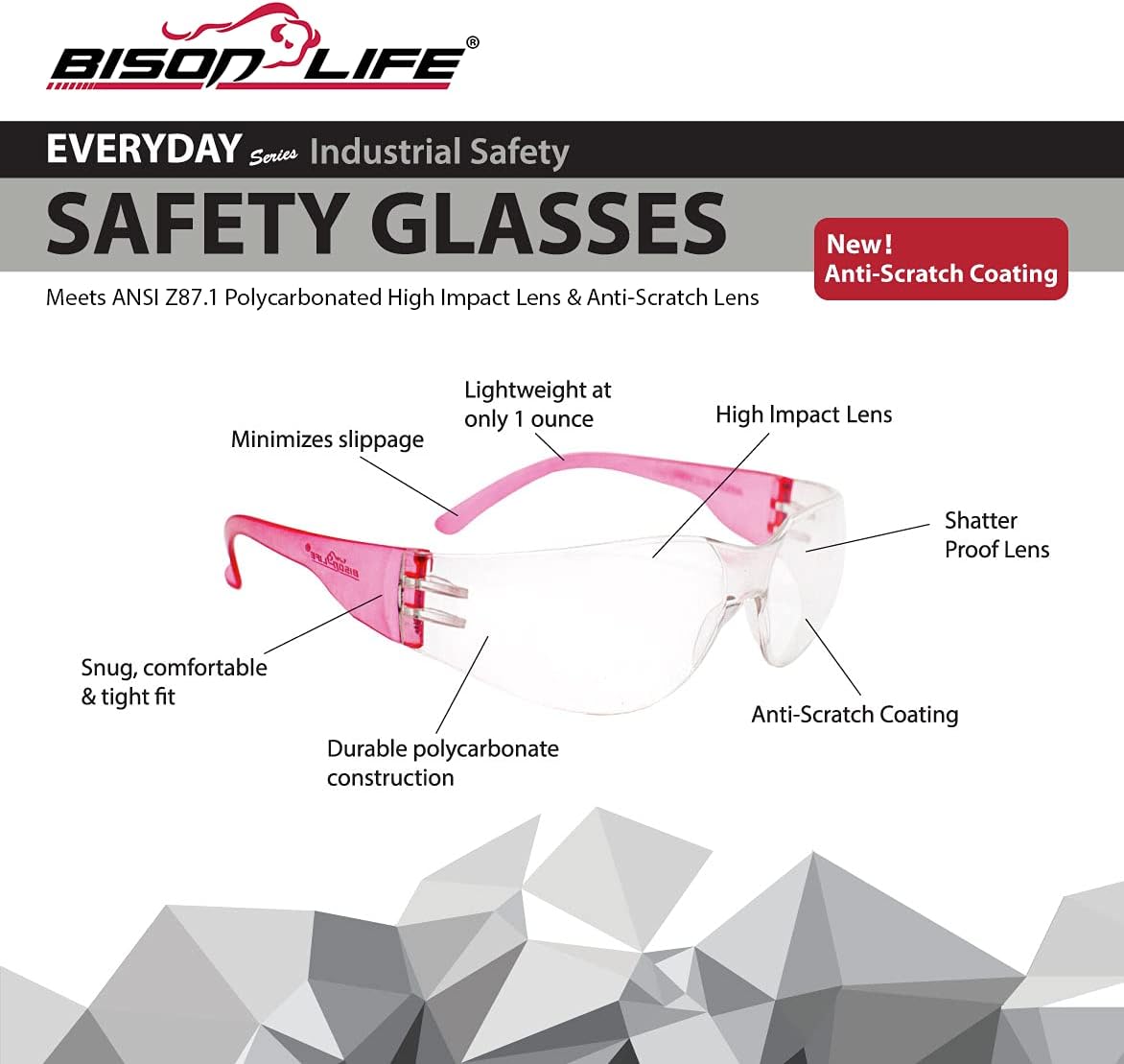 BISON LIFE Safety Glasses - Scratch Resistant Wrap Around Eyewear, Polycarbonate ANSI Z87.1 Impact Resistant Lens