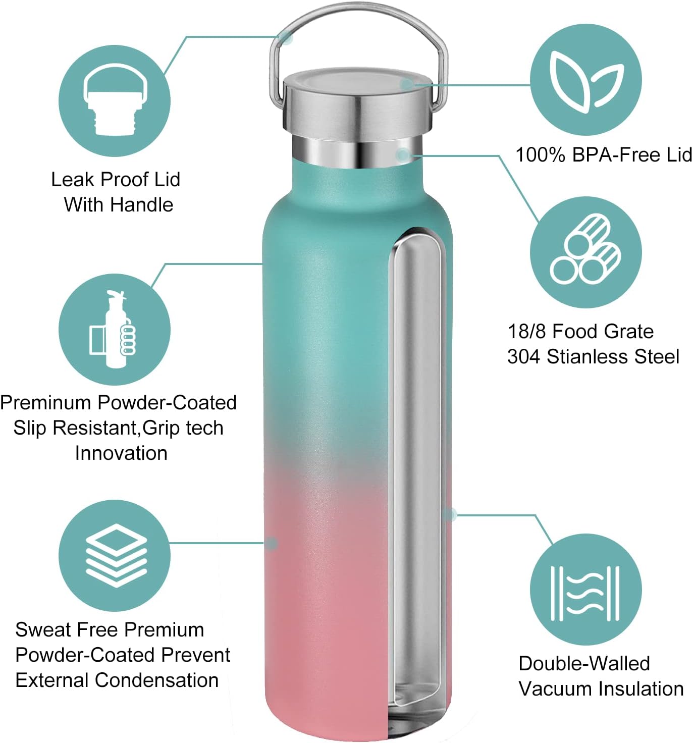 Neihepal 20 oz Insulated Water Bottles Bulk 4 Pack,Stainless Steel Double Wall Sport Bottle with Lid of Handle,Metal Reusable Thermoses Flask for School,Cyclists,Hikers,Gift (Green-Pink,Set of 4)