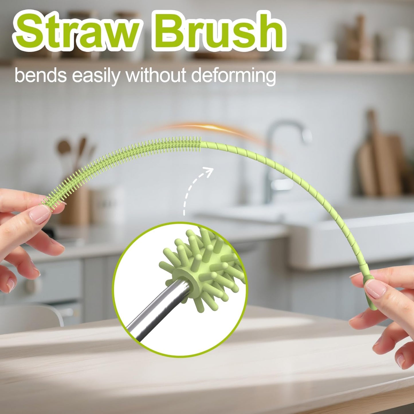 YOTIME Silicone Straw Cleaner Brush, 2 Pcs Reusable Straw Brush(6mm+9mm) for Cleaning Narrow & Wide Straws, Tumblers, Green