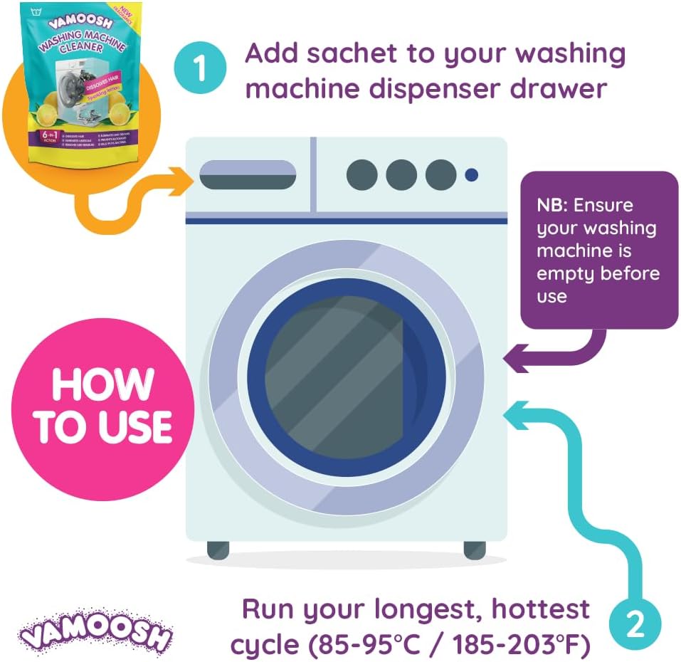Vamoosh 6-in-1 Washing Machine Cleaner | Patented Pet Hair Dissolving Technology | Made in the UK | No Harmful Chemicals | Removes Limescale | Descales | Lemon Fresh Scent | 150g (Pack of 2)