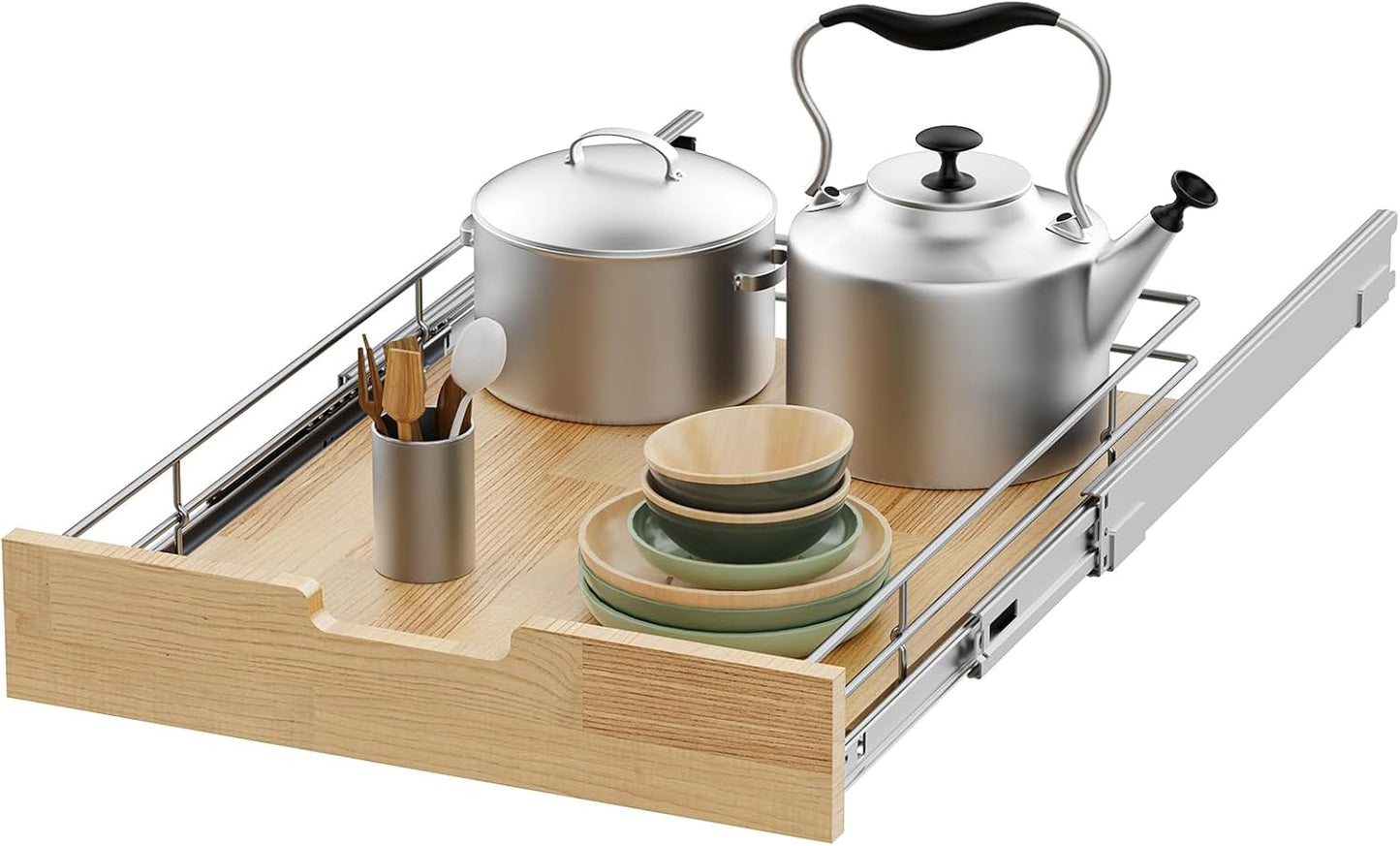 Pull Out Cabinet Organizer,Heavy-Duty Slide Out Shelf, Wood And Wire Basket, Pull Out Drawer for for Kitchen Under Sink Space, Pantry, Bathroom (14 * 21 WM)