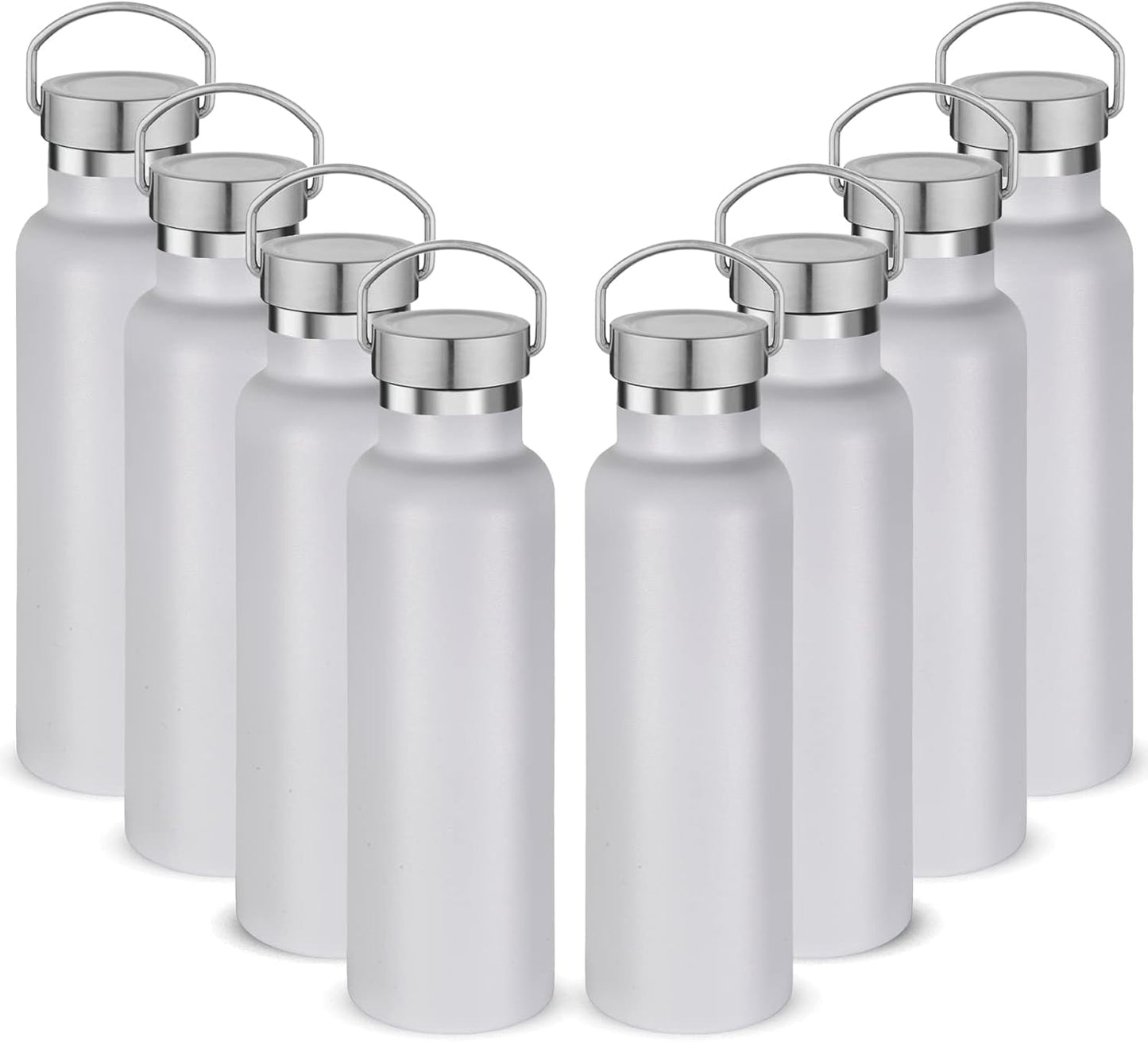 Neihepal 20 oz Insulated Water Bottles Bulk 8 Pack,Stainless Steel Double Wall Sport Bottle with Lid of Handle,Metal Reusable Flask with Cup Cap for School,Hikers,Gift (White,Set of 8)