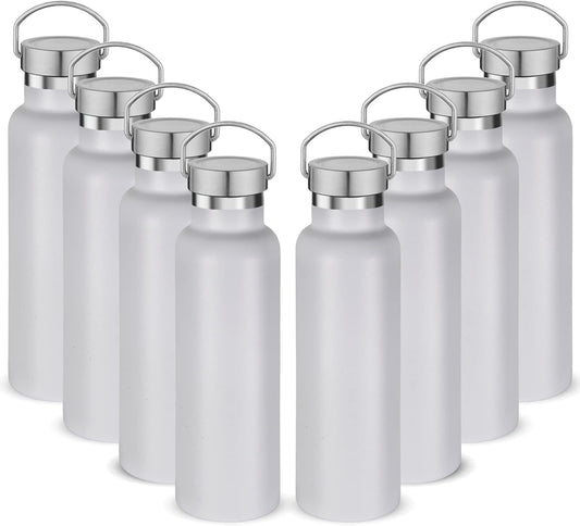 Neihepal 20 oz Insulated Water Bottles Bulk 8 Pack,Stainless Steel Double Wall Sport Bottle with Lid of Handle,Metal Reusable Flask with Cup Cap for School,Hikers,Gift (White,Set of 8)