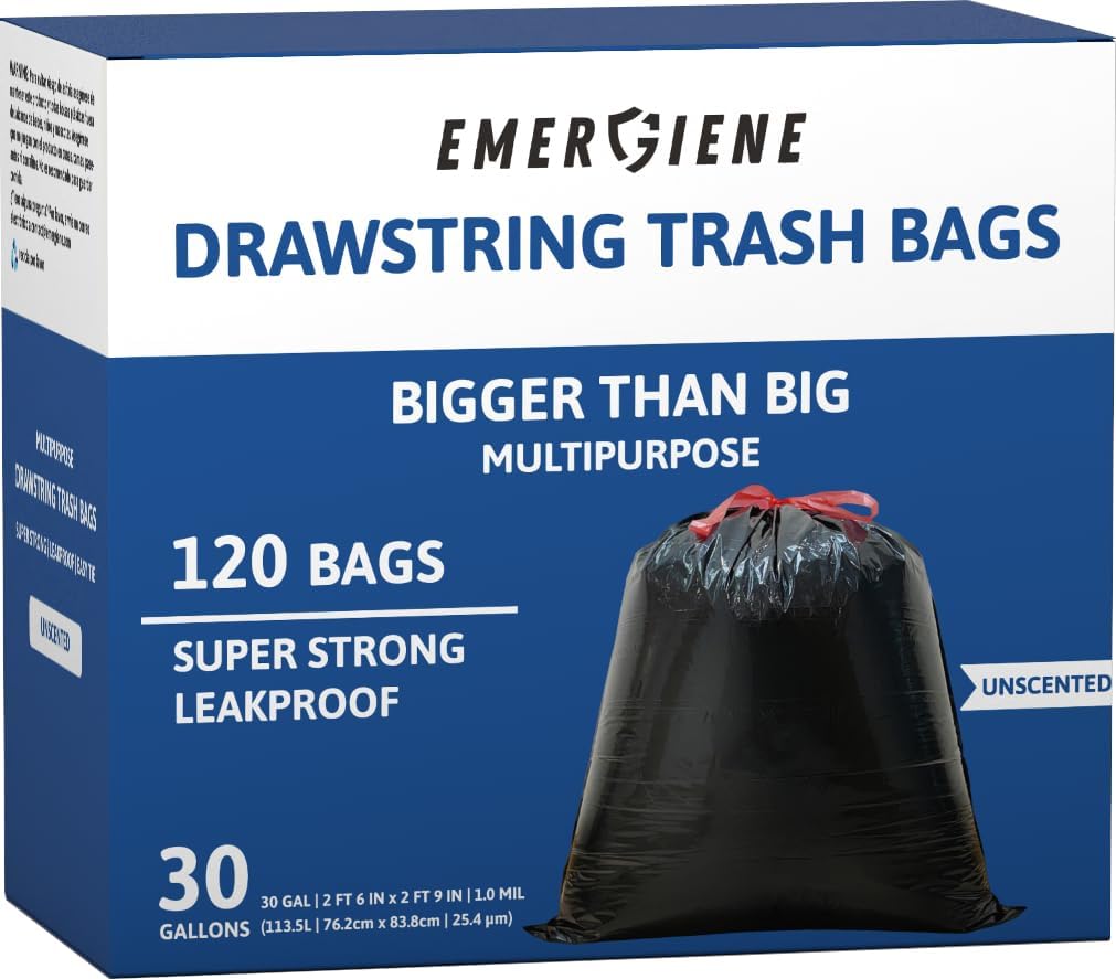 Ultra Strong 30 Gallon Drawstring Trash Bags, Unscented 120 Count Garbage Bags, Pre-Separated, Recycled Materials, Heavy Duty, Leakproof, Sturdy, Black