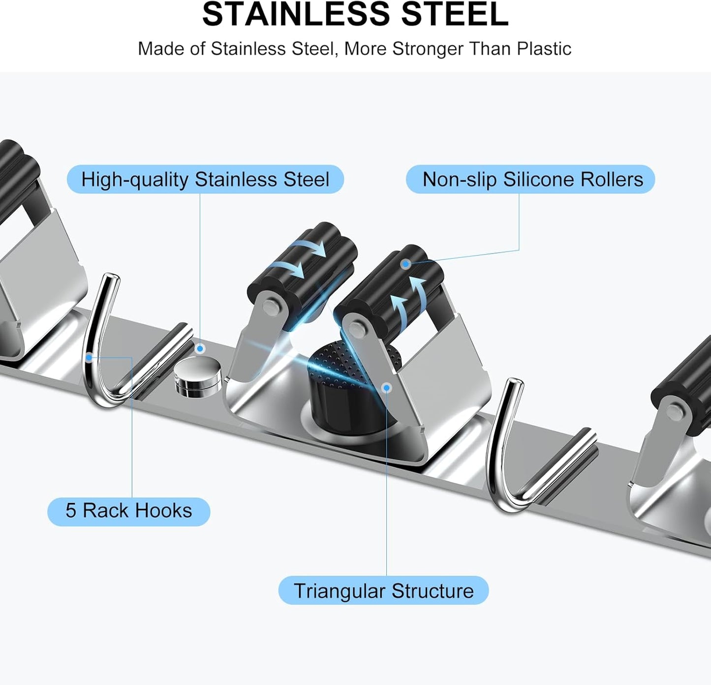 nacena Broom holder Wall Mount, 2-Pack Silver Stainless Steel Self-Adhesive Mop and Broom Hooks Heavy Duty Broom and Mop Storage Rack laundry room organization for Kitchen Garden garage