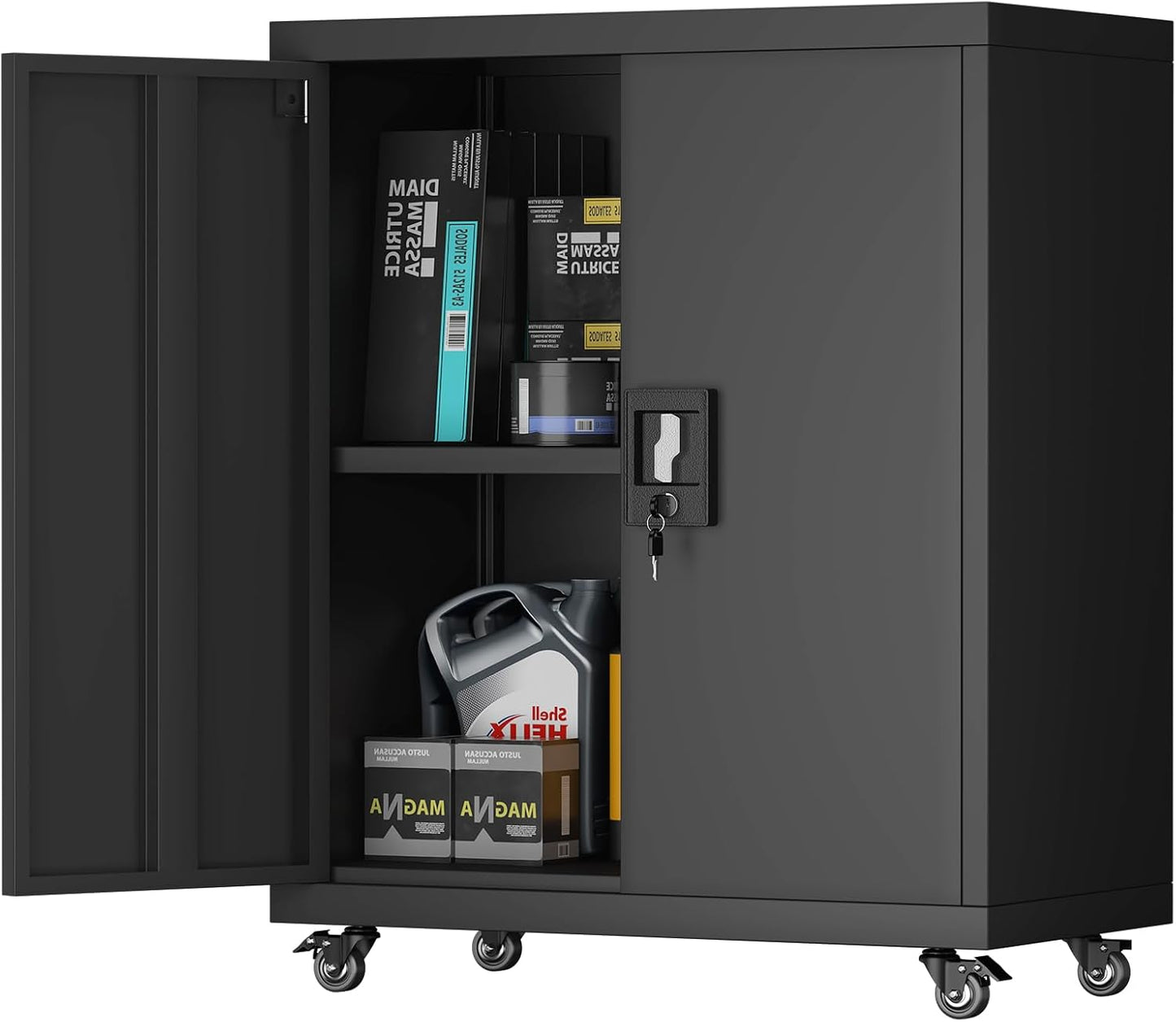 Metal Cabinet with Wheels, Steel Cabine with Locking Doors, Small Cabinet with 1 Adjustable Shelf, Tool Cabinets for Garage, Suitable for Home Office, Garage, Office