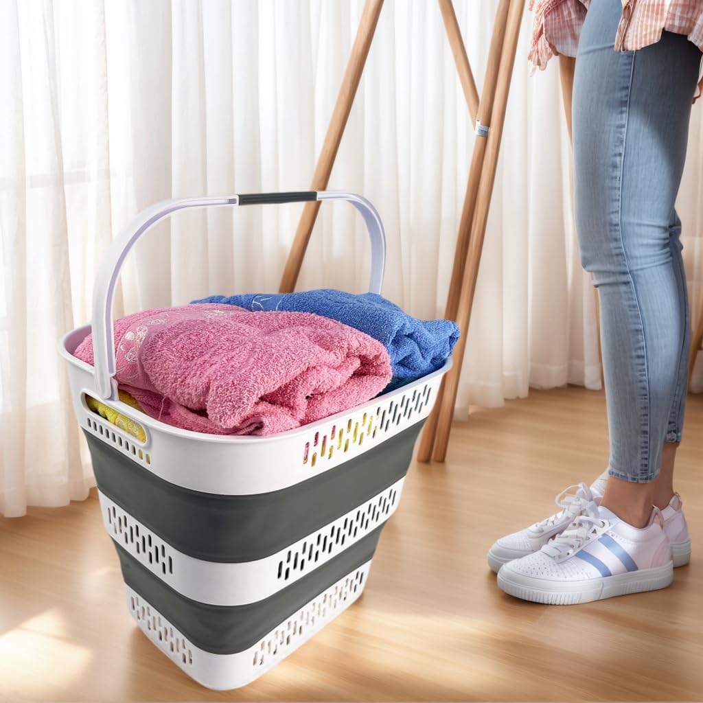 SAMMART 40L (10.5 Gallon) Collapsible Plastic Laundry Basket with Handles - Foldable Pop Up Storage Container/Organizer - Portable Laundry Hamper - Space Saving (1, White/Steel Grey)