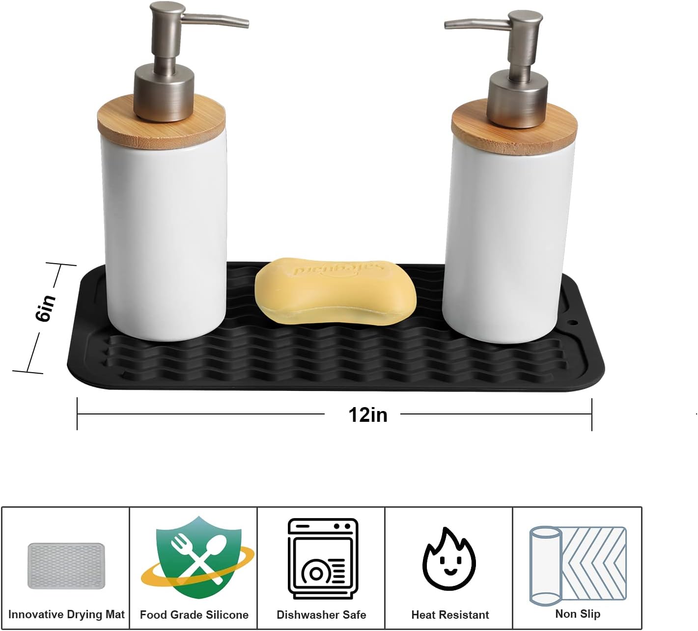 ZLR 2 Pcs Silicone Dish Drying Mats for Kitchen Counter, Eco-Friendly Fast Dry Dish Mat, Easy Clean Multi Usage Drying Matt, Heat Resistant Trivet, 6" x 12" Extra Small, Black