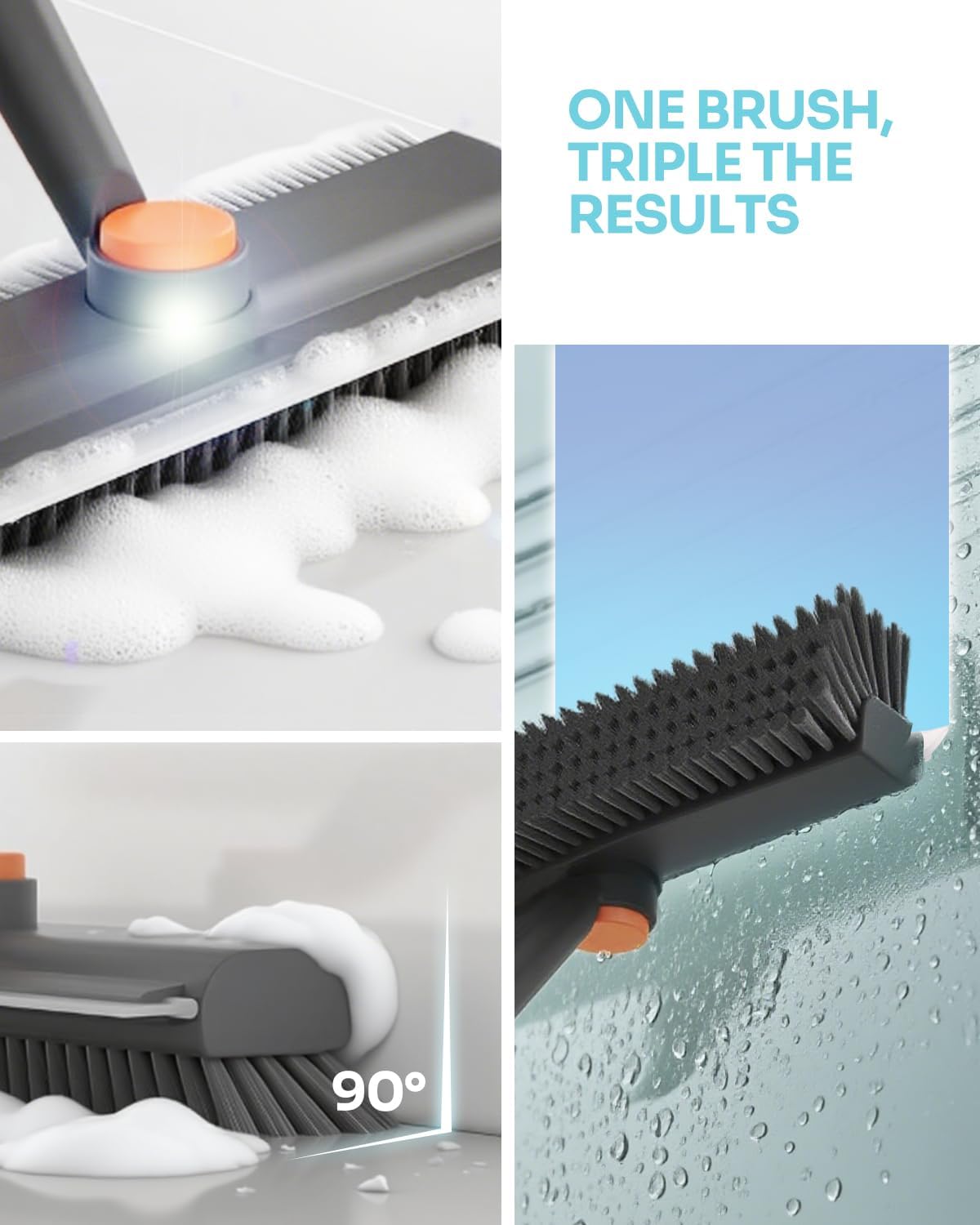 3-in-1 Floor Scrub Brush with Long Handle, Scrape and Heavy-Duty Stiff Bristle Floor Scrubber Brush, Floor Brush with Squeegee and Tweezerfor Cleaning Bathroom, Garage, Wall and Deck